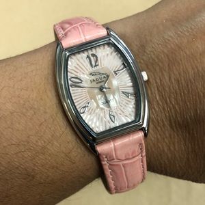Jaguar Fragrances Woman Quartz Watch Pink Band Tonneau Case Mother of Pearl Dial